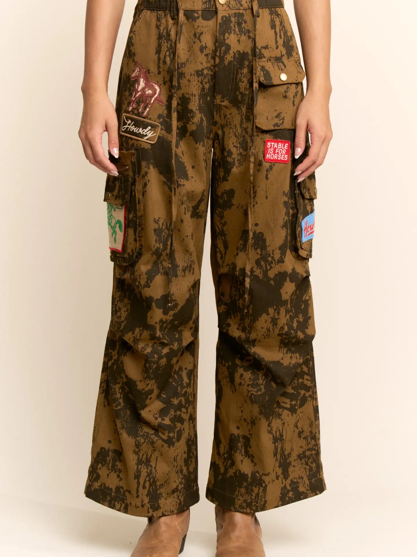 Cow Camo Washed Cargo Pants with Embroidered Patches