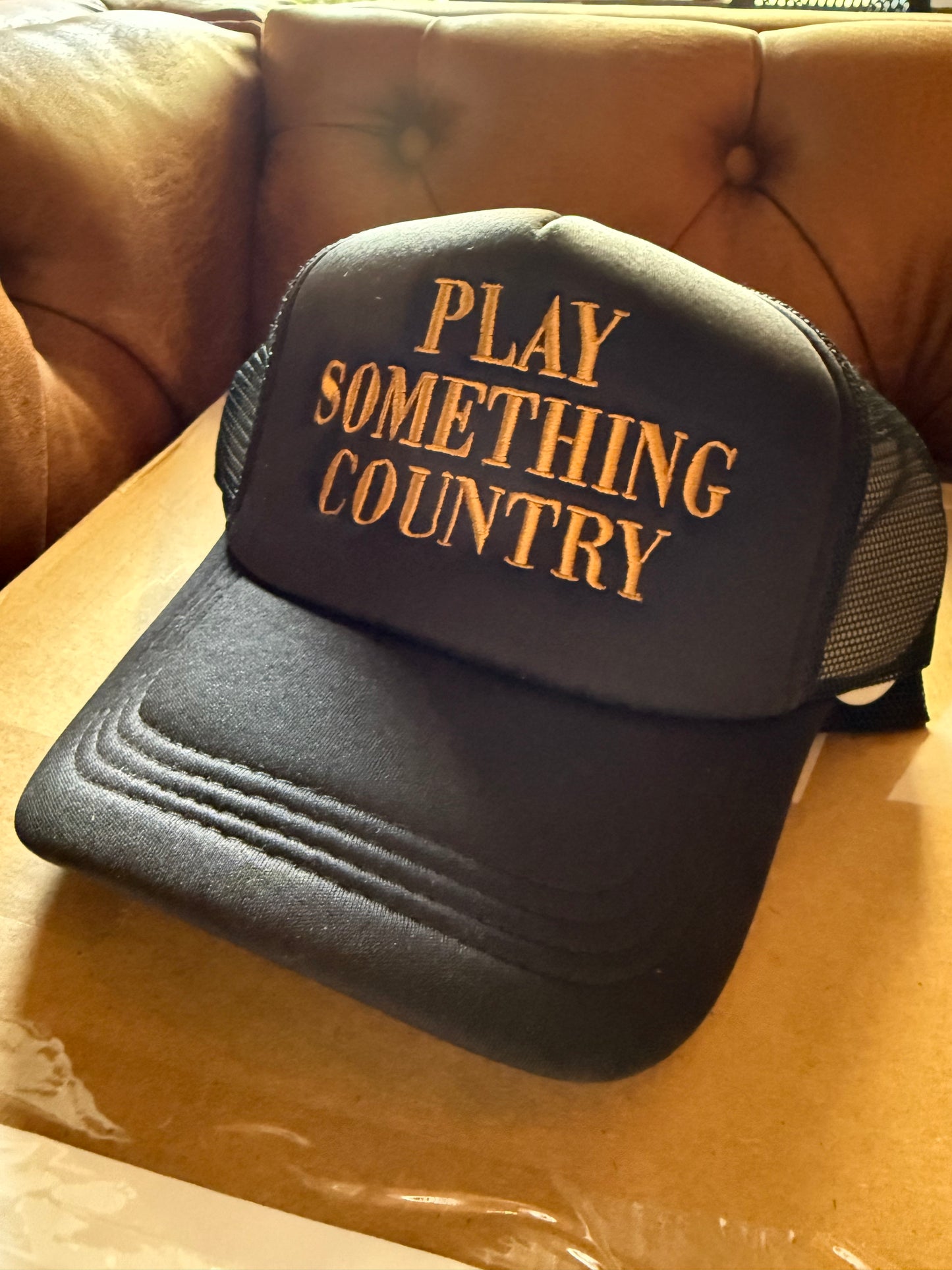 Play Something Country Embroidered Linen Trucker Hat