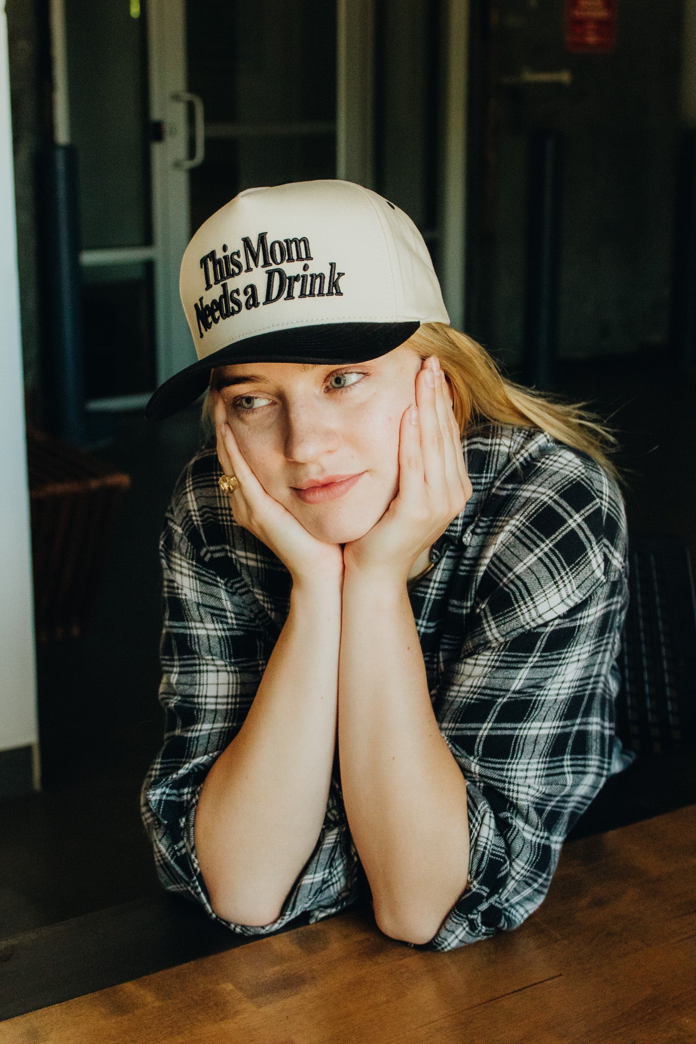 This Mom Needs a Drink Two Tone Embridered Linen Trucker Hat
