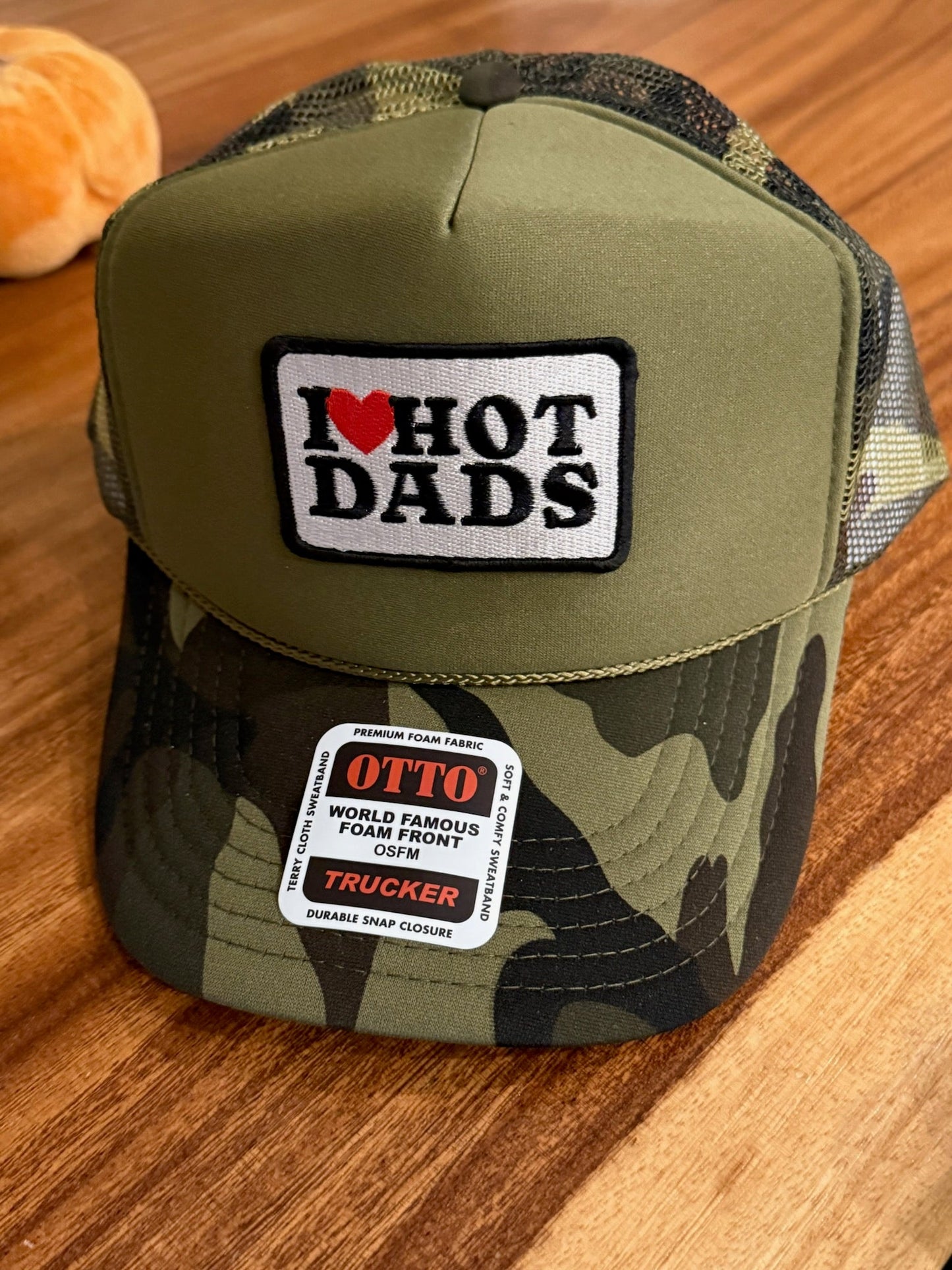 I Heart Hot Dads Camo Trucker Cap