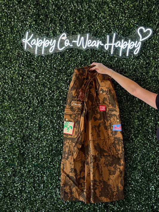 Cow Camo Washed Cargo Pants with Embroidered Patches