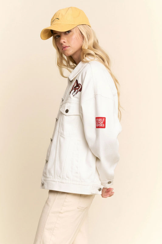 Embroidered Rodeo White Denim Trucker Jacket
