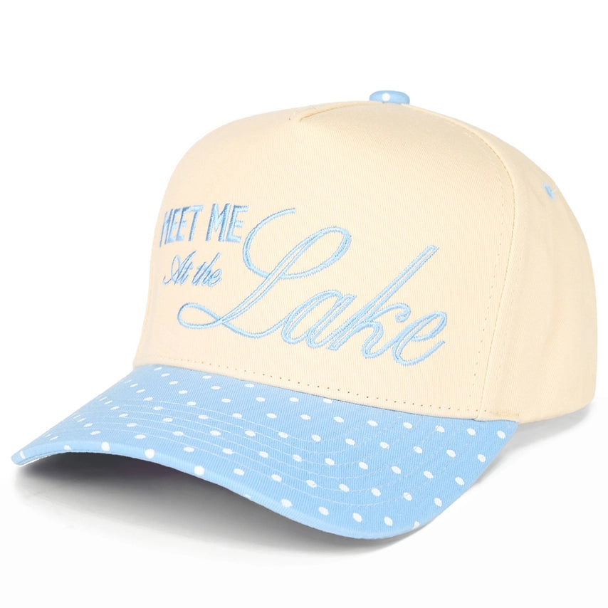 Meet Me at the Lake Two Tone Embroidered Linen Trucker Hat