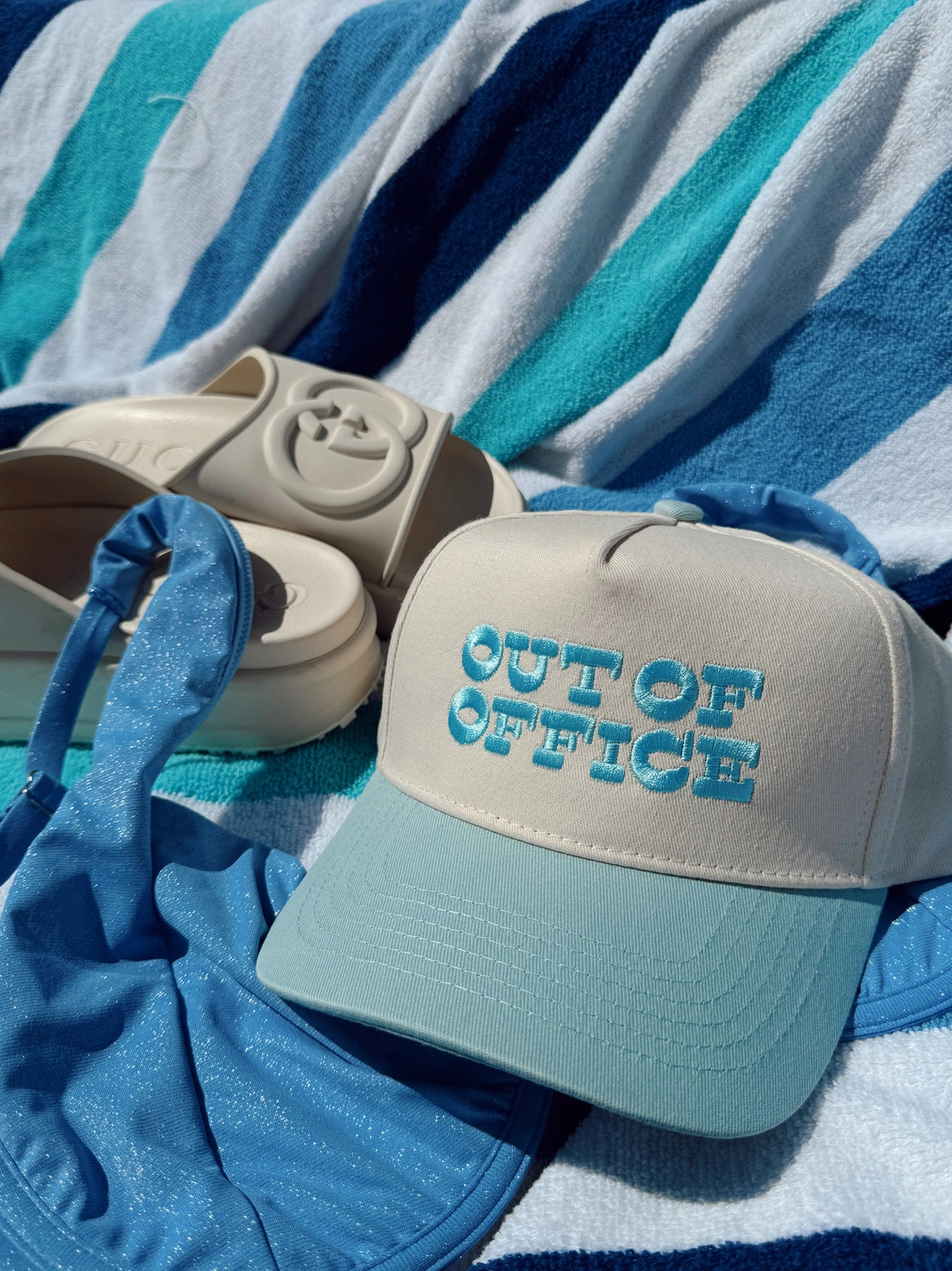 Out of Office! Two Tone Linen Trucker Hat in Baby Blue