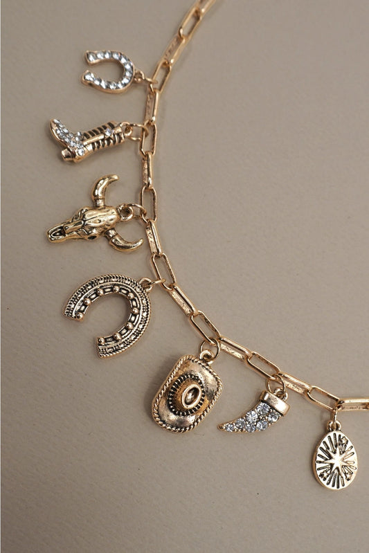 GOLD CHARM NECKLACE-WESTERN HAT HORSESHOE BOOT