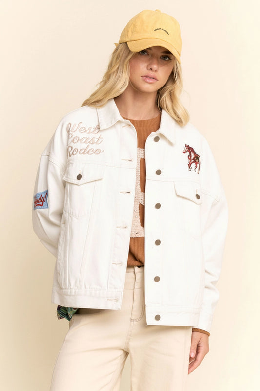 Embroidered Rodeo White Denim Trucker Jacket