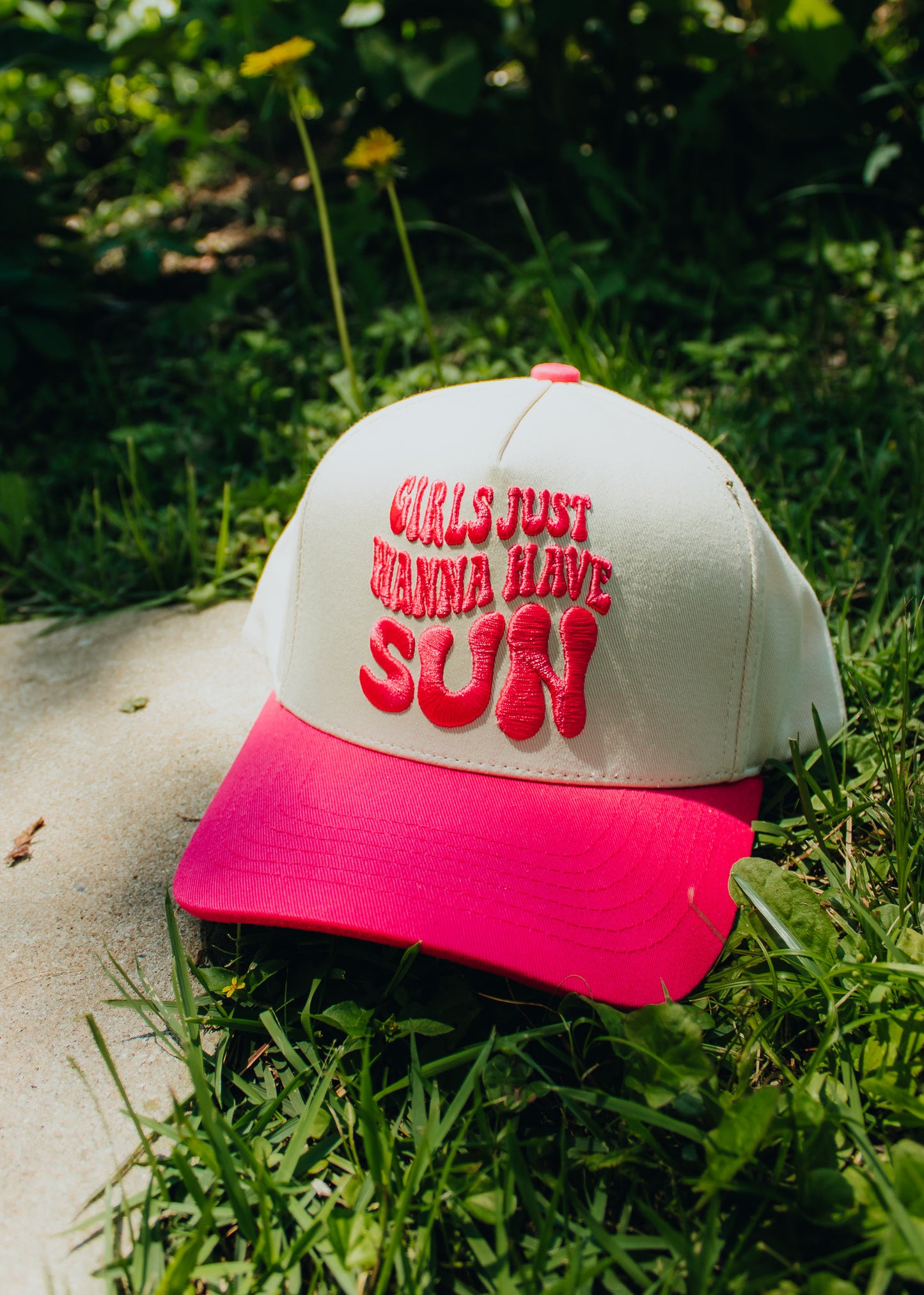 Girls Just Wanna Have Sun Embroidered Linen Trucker Hat