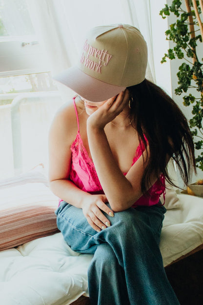 Too Pretty to Work Embroidered Linen Trucker Hat