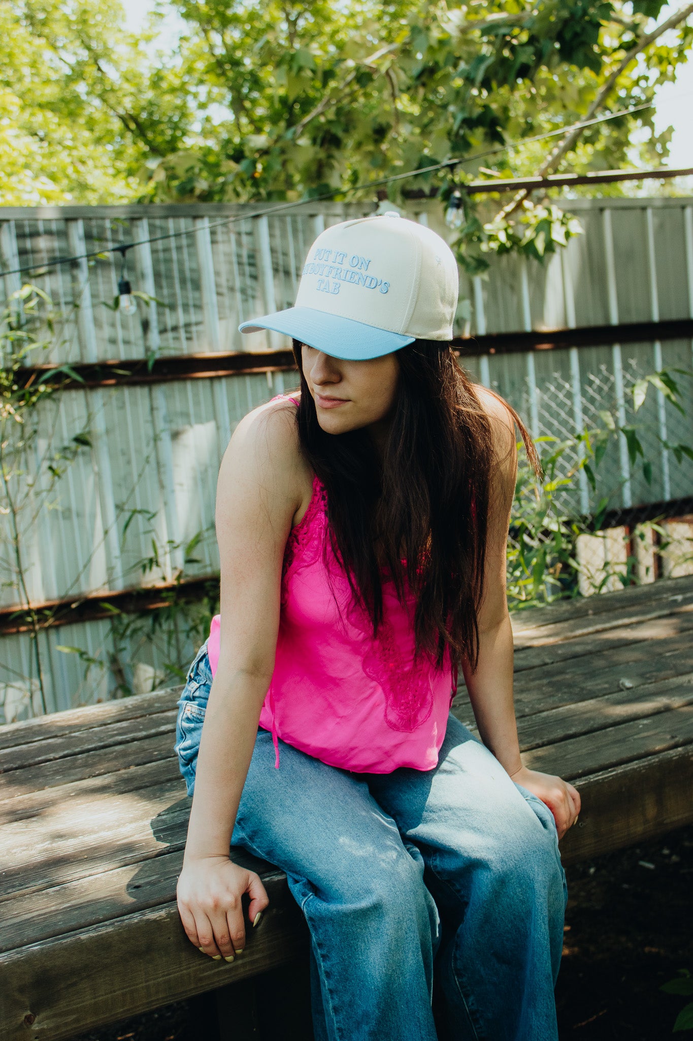 Put it on my Boyfriend's Tab Embroidered Linen Trucker hat