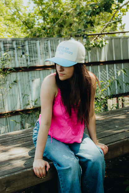 Put it on my Boyfriend's Tab Embroidered Linen Trucker hat
