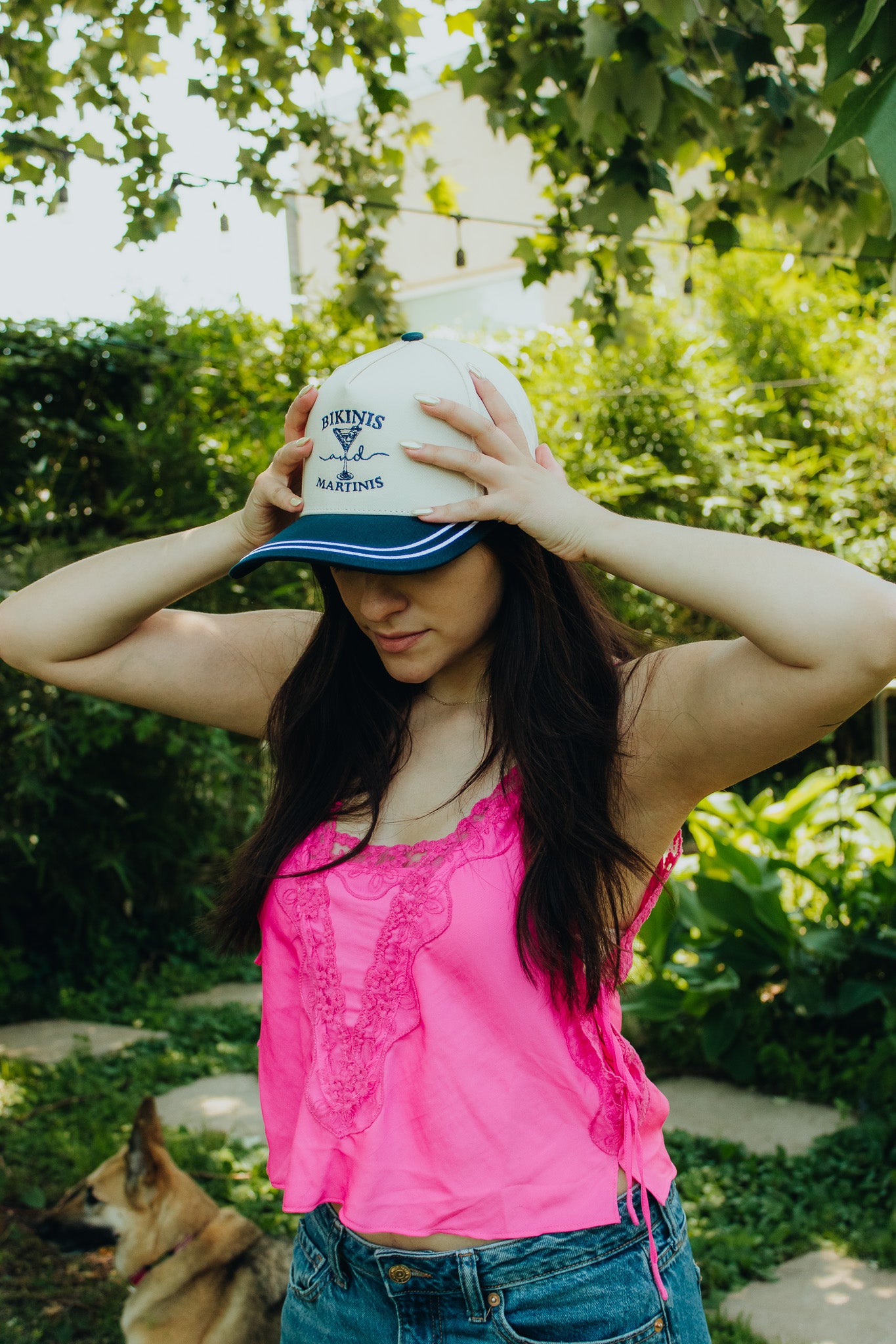 Bikinis and Martinis Embroidered Linen Trucker Hat