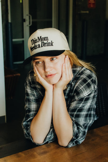 This Mom Needs a Drink Two Tone Embridered Linen Trucker Hat
