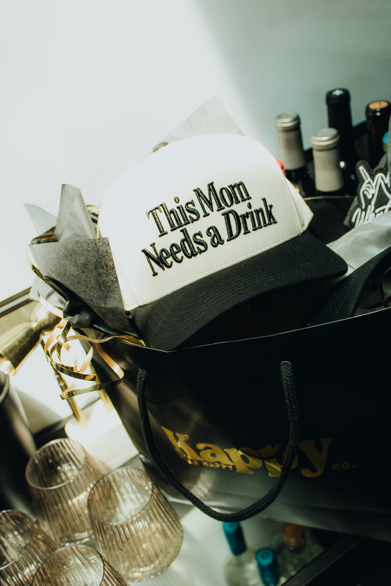 This Mom Needs a Drink Two Tone Embridered Linen Trucker Hat