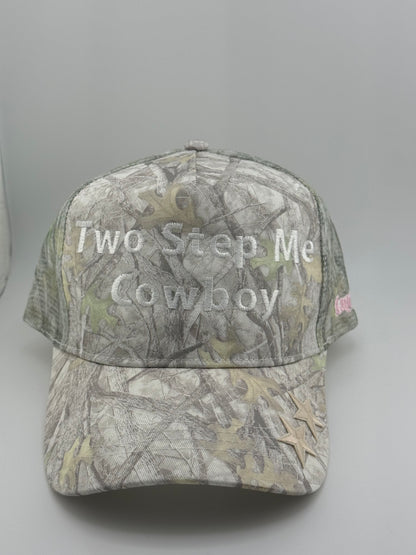 Two Step Me Cowboy Embroidered Camo Linen Trucker Hat