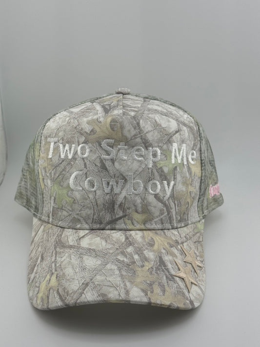 Two Step Me Cowboy Embroidered Camo Linen Trucker Hat
