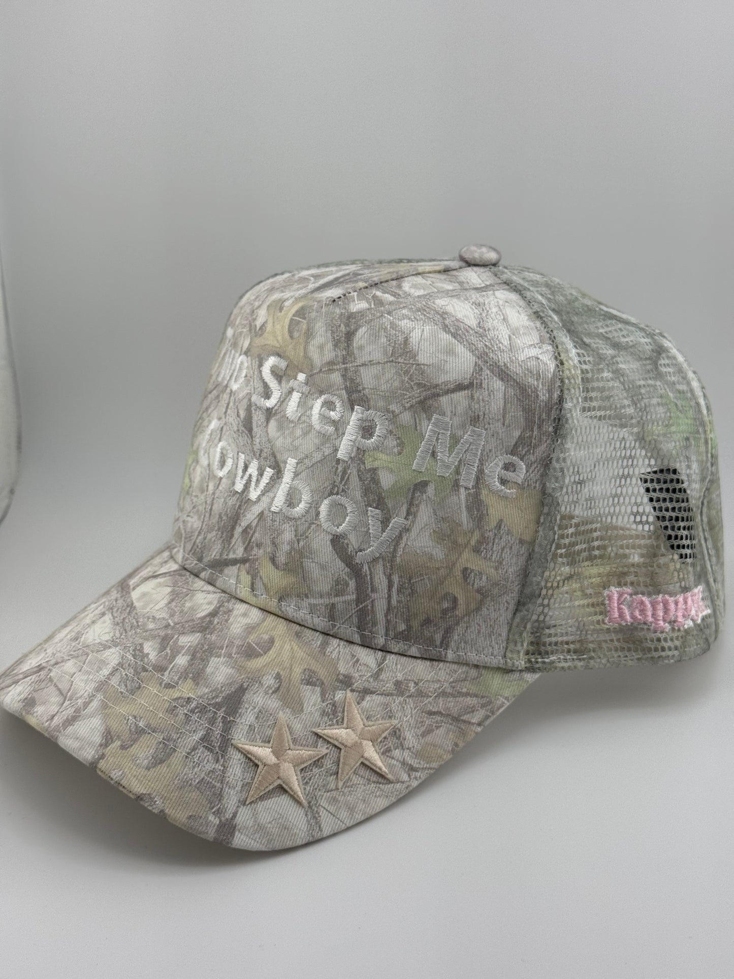 Two Step Me Cowboy Embroidered Camo Linen Trucker Hat
