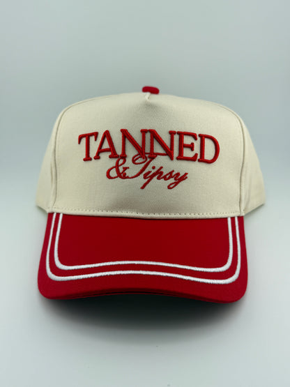 Tanned & Tipsy Red Linen Embroidered Trucker Hat