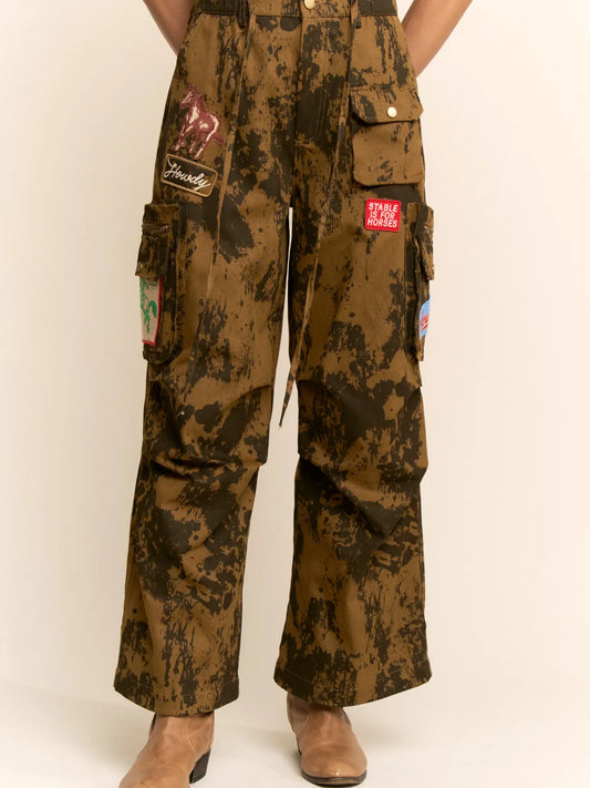 Cow Camo Washed Cargo Pants with Embroidered Patches
