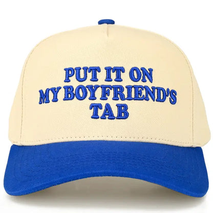 Put it on my Boyfriend's Tab Embroidered Linen Trucker hat