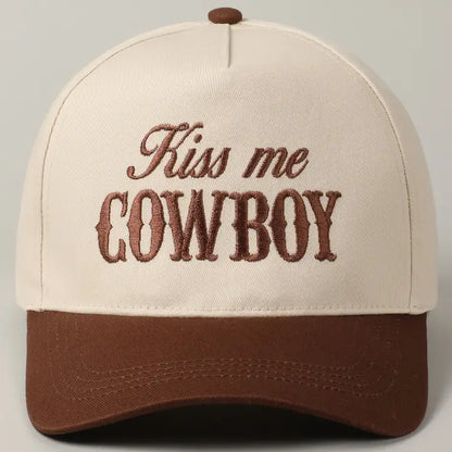 Kiss Me Cowboy Two Tone Embroidered Linen Trucker Hat