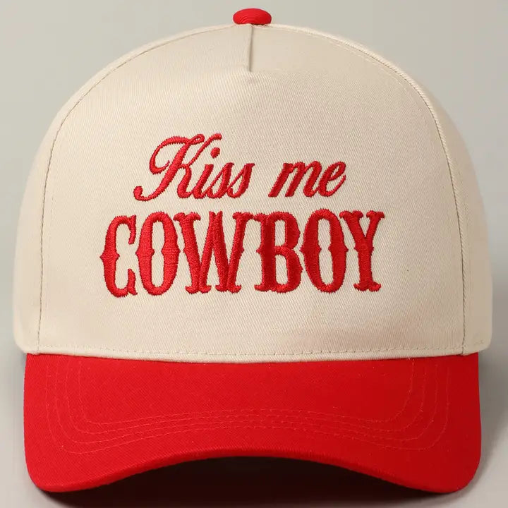 Kiss Me Cowboy Two Tone Embroidered Linen Trucker Hat