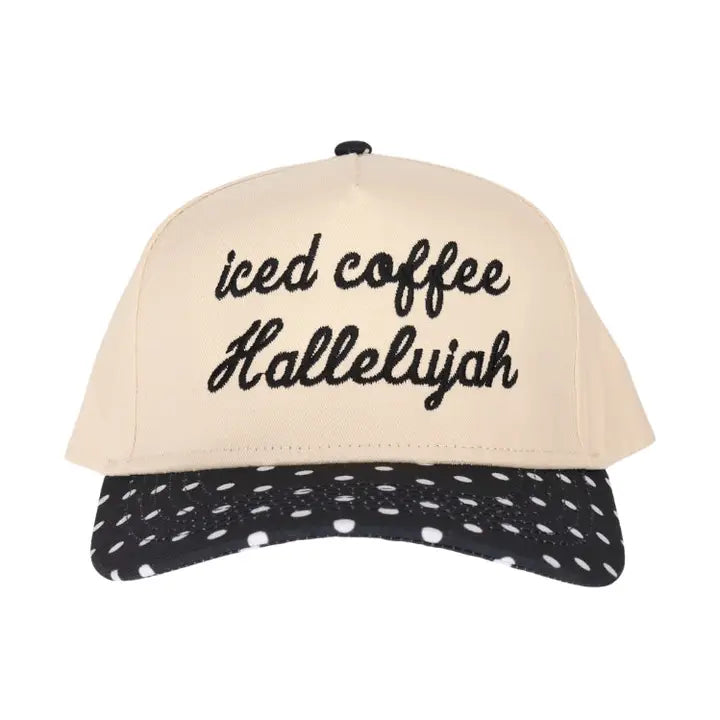 Iced Coffee Hallelujah Embroidered Two Tone Polka-Dot Linen Trucker Hat