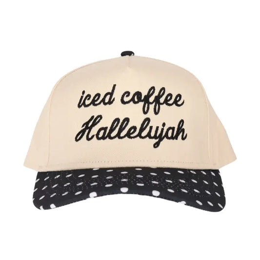 Iced Coffee Hallelujah Embroidered Two Tone Polka-Dot Linen Trucker Hat