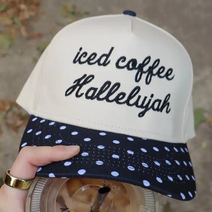 Iced Coffee Hallelujah Embroidered Two Tone Polka-Dot Linen Trucker Hat