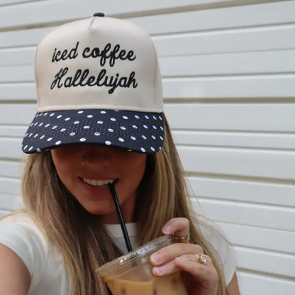 Iced Coffee Hallelujah Embroidered Two Tone Polka-Dot Linen Trucker Hat