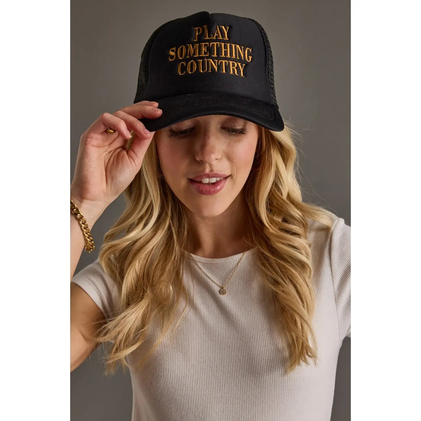 Play Something Country Embroidered Linen Trucker Hat