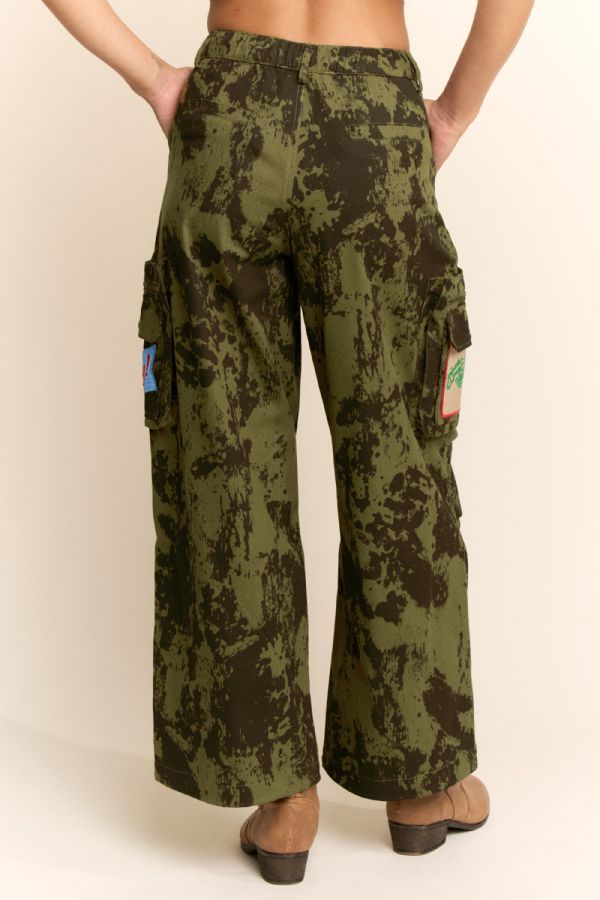 Cow Camo Washed Cargo Pants with Embroidered Patches