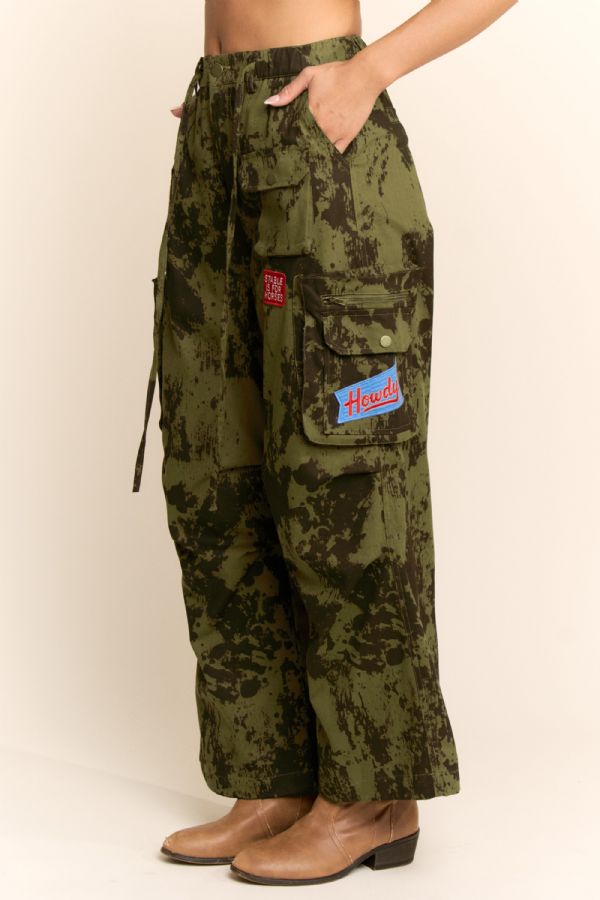 Cow Camo Washed Cargo Pants with Embroidered Patches