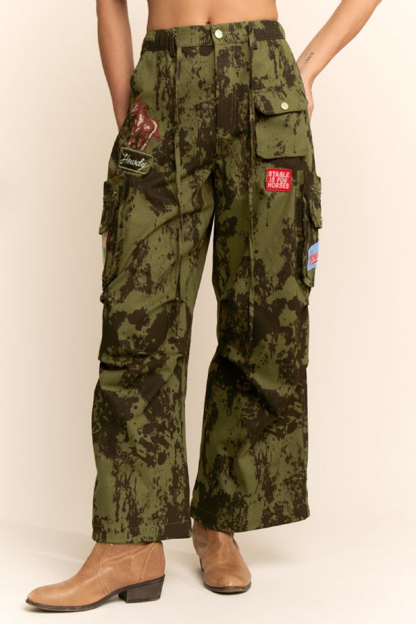 Cow Camo Washed Cargo Pants with Embroidered Patches