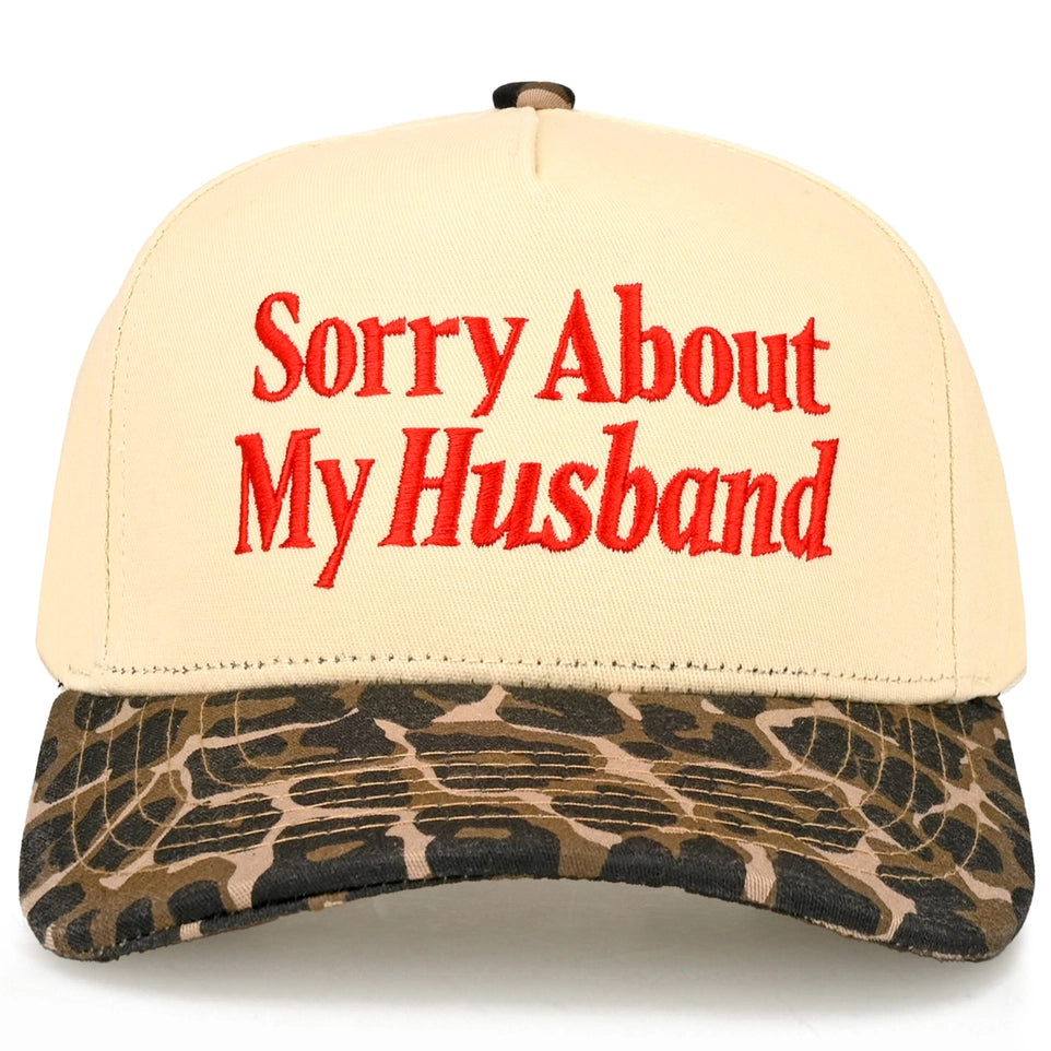 Sorry About My Husband Embroidered Two Tone Linen Trucker Hat