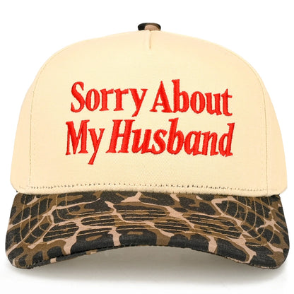 Sorry About My Husband Embroidered Two Tone Linen Trucker Hat