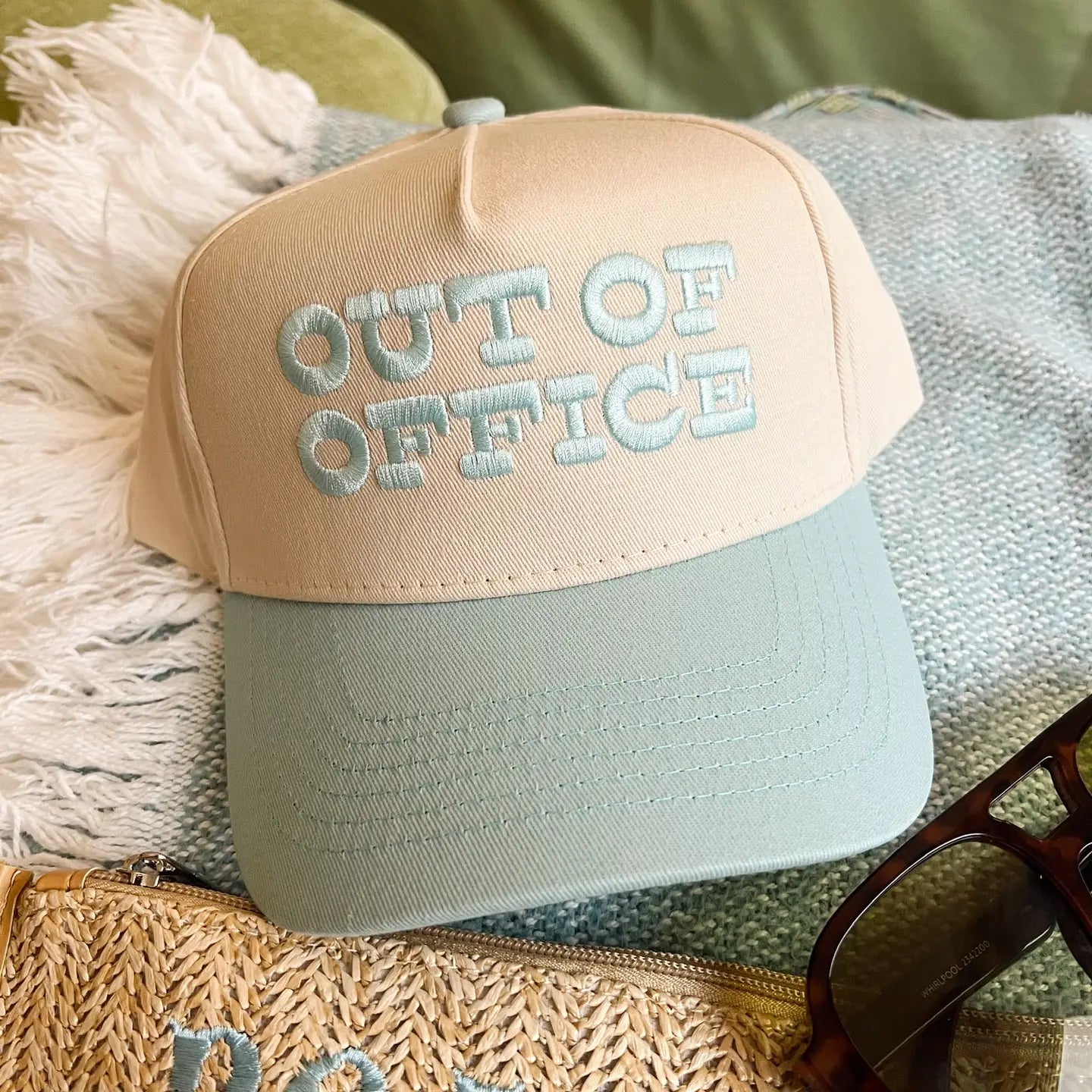 Out of Office! Two Tone Linen Trucker Hat in Baby Blue