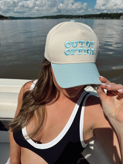Out of Office! Two Tone Linen Trucker Hat in Baby Blue