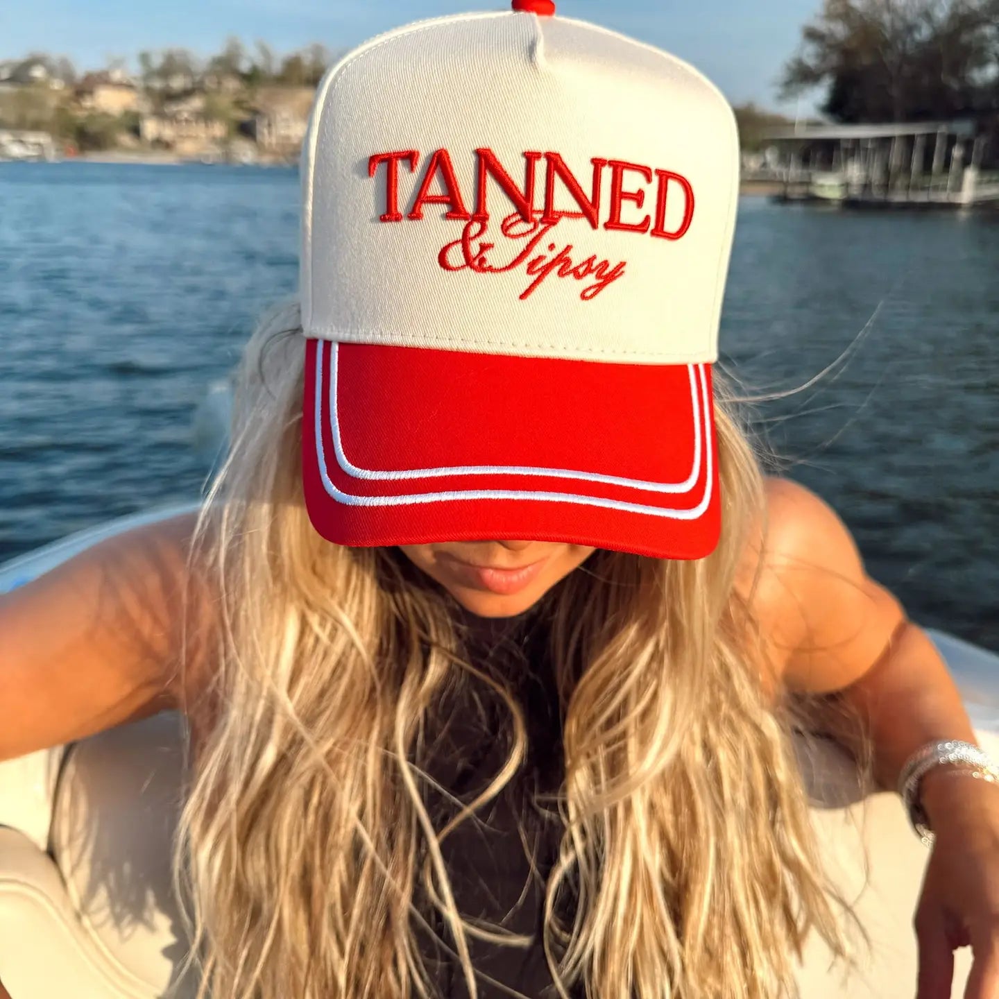 Tanned & Tipsy Red Linen Embroidered Trucker Hat
