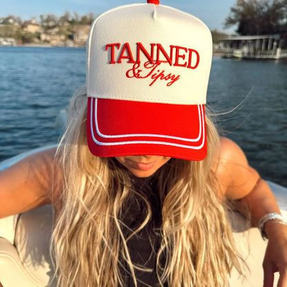 Tanned & Tipsy Red Linen Embroidered Trucker Hat