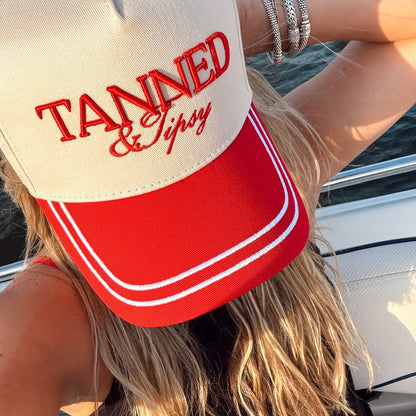 Tanned & Tipsy Red Linen Embroidered Trucker Hat