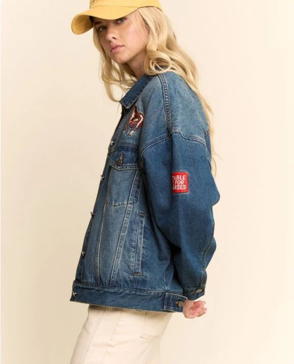 Embroidered Rodeo White Denim Trucker Jacket