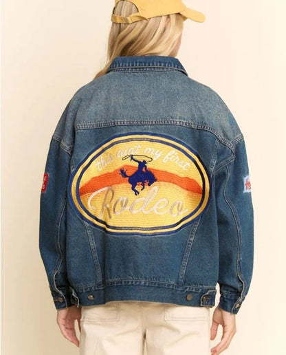 Embroidered Rodeo White Denim Trucker Jacket